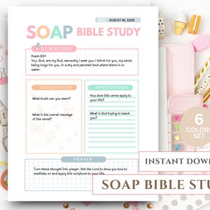 Estudio bíblico SOAP imprimible, plantilla de estudio bíblico, descarga instantánea en PDF, planificador bíblico, mapeo de versículos bíblicos con el método SOAP, registro bíblico