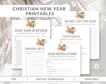 Printables voor christelijk nieuwjaar | Op geloof gebaseerd jaaroverzicht 2025 | Resoluties en bucketlist voor 2026 | Bijbelstudiedoelen | Direct downloaden