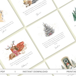 Könnte beinhalten: Eine Sammlung druckbarer Weihnachtskarten mit Aquarellillustrationen. Jede Karte zeigt ein anderes festliches Bild, darunter ein Stern, ein Kiefernzweig, ein Rentier mit einem Schlitten und ein Schneemann. Bibelverse sind enthalten.