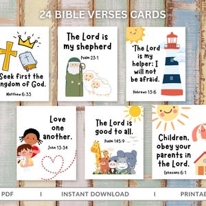 May include: A collection of six illustrated Bible verse cards with colorful images and text. The cards feature various verses, including Matthew 6:33 and Psalm 23:1, with accompanying illustrations of a cross, sheep, and a lighthouse. The cards are labeled "24 BIBLE VERSES CARDS".