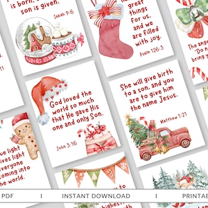 May include: A collection of Christmas-themed printable cards with watercolor illustrations. Each card features festive imagery like a snow globe, Santa hat, and Christmas tree, along with Bible verses. The cards are decorated with candy canes and garlands.
