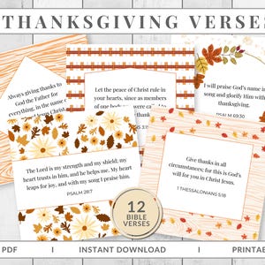 May include: A collection of 12 Thanksgiving Bible verses on printable cards. The cards feature autumn-themed designs with floral and leaf accents in shades of orange, brown, and cream. The words "Thanksgiving Verses" are at the top.