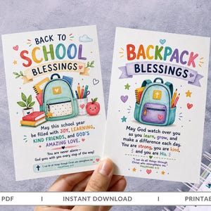 May include: Two rectangular cards featuring colorful illustrations of backpacks, school supplies, and text. The left card reads BACK TO SCHOOL BLESSINGS, and the right card reads BACKPACK BLESSINGS, both including religious verses and inspirational phrases.