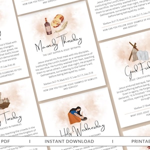 May include: A set of printable cards with watercolour illustrations depicting scenes from Holy Week. Each card features a different day of the week, including Holy Monday, Holy Tuesday, Maundy Thursday, Holy Wednesday, Good Friday, and a title card with the text "Instant Download Printable".