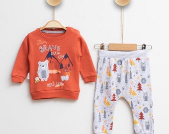 KİDS %100 Organic Cotton Tracksuit-Perfect for Baby and Toddler-Brave Printed Combed Cotton 2-Piece Bayb Set-6-9-12Month old Bayb Clothes