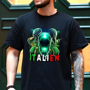 Italian Alien Unisex Tee, Funny Meme Graphic Shirt, Pasta Pizza Eating Alien, Italy Vacation Shirt, Heavy Cotton T-Shirt