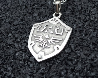 Zelda Shield Necklace: Antique Silver Gamer Pendant, Personalized Chain