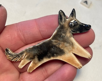 German Shepherd Dog Whimsical Funny Dog Handmade Porcelain Ceramic Art Brooch Pin Tile by Mary D Tiles Porcelain Tile