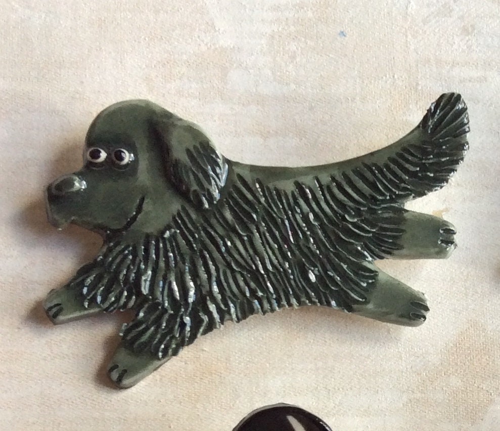 Newfoundland Whimsical Funny Dog Handmade Porcelain Ceramic Art Brooch Pin Tile by Mary D Tiles Porcelain Tile