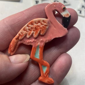 Flamingo Whimsical Funny Bird Handmade Porcelain Ceramic Art Brooch Pin Tile by Mary D Tiles Porcelain Tile