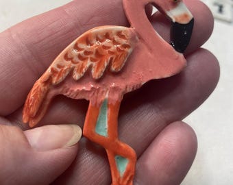 Flamingo Whimsical Funny Bird Handmade Porcelain Ceramic Art Brooch Pin Tile by Mary D Tiles Porcelain Tile