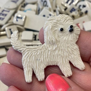Maltese Whimsical Funny Dog Handmade Porcelain Ceramic Art Brooch Pin Tile by Mary D Tiles Porcelain Tile