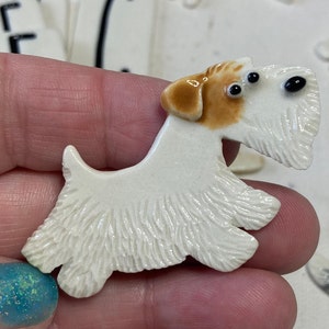 Sealyham Terrier Whimsical Funny Dog Handmade Porcelain Ceramic Art Brooch Pin Tile by Mary D Tiles Porcelain Tile