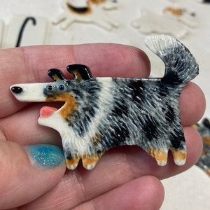 Sheltie Shetland Sheepdog Whimsical Funny Dog Handmade Porcelain Ceramic Art Brooch Pin Tile by Mary D Tiles Porcelain Tile