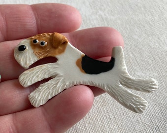 Handmade Porcelain Ceramic Art by Mary D Tiles Porcelain Tile or Brooch Pin Wire Fox Terrier