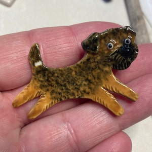 Border Terrier  Whimsical Funny Dog Handmade Porcelain Ceramic Art Brooch Pin Tile by Mary D Tiles Porcelain Tile