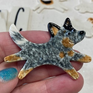 Australian Cattle Dog  ACD Blue Red Heeler Whimsical Funny Dog Handmade Porcelain Ceramic Art Brooch Pin Tile by Mary D Tiles Porcelain Tile