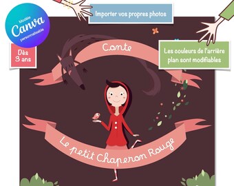 May include: A printable book cover template for a children's story about Little Red Riding Hood. The cover features a red-hooded girl, a wolf, and a bird. The text on the cover reads "Le petit Chaperon Rouge" and "Conte".