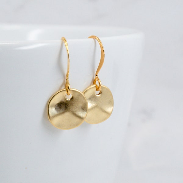 Tiny Matte Gold Earrings - Hammered Gold Earrings - Small Drop Earrings - Small Hammered Gold Earrings - Tiny Earrings - Everyday Earrings