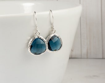 Navy Earrings - Navy Silver Earrings - Navy Blue Earrings - Bridesmaid Earrings - Bridesmaid Gift - Blue Silver Earrings - Simple Earrings