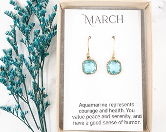 March Birthstone Earrings - Aquamarine Gold Square Earrings - Birthstone Jewelry - March Earrings - March Jewelry - Aquamarine Jewelry