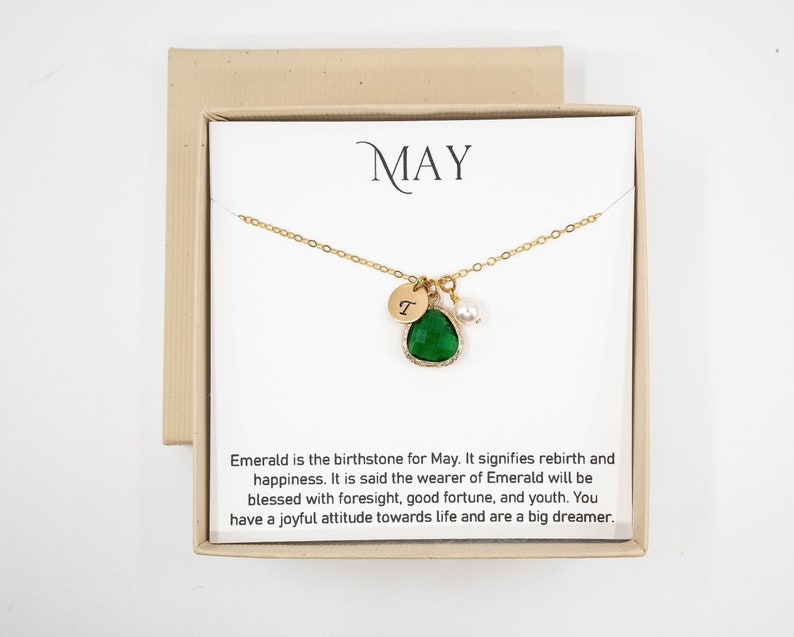 Personalized May Birthstone Necklace Emerald Necklace Personalized Jewelry for Mom From Son Daughter Birthstone Jewelry, Birthday Gift image 1