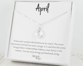 April Birthstone Silver Teardrop Necklace, Crystal Necklace, Silver Necklace, April Birthday Gift, Bridesmaid Jewelry, Gifts Under 20