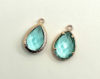 Set of 2 - Choice of Silver or Gold Framed March Birthstone Aquamarine Quartz Teardrop Charms