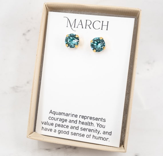 March Birthstone Earrings Swarovski Aquamarine Gold Earrings - Etsy