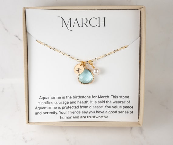 Personalized March Birthstone Necklace Aquamarine Gold Necklace