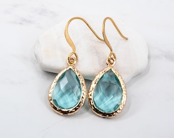 Aquamarine Gold Teardrop Earrings - March Birthstone Earrings - Birthstone Jewelry - March Earrings - March Jewelry - Aquamarine Jewelry