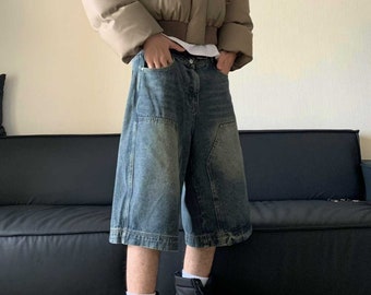 Short en Denim de rue, pantalon Patchwork délavé rétro, court d'été à jambes larges, vêtements décontractés en détresse