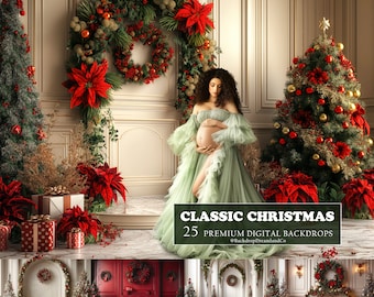 May include: A pregnant woman in a green tulle gown stands in front of a Christmas backdrop. The backdrop features a large wreath with red poinsettias, a Christmas tree, and a fireplace. The text "CLASSIC CHRISTMAS 25 PREMIUM DIGITAL BACKDROPS #BackdropDreamlandCo" is at the bottom of the image.