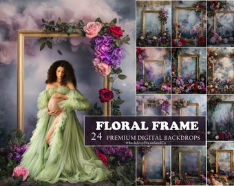 May include: A collage of 24 digital backdrops featuring a gold frame with floral accents. The backdrops have a dreamy, ethereal feel with soft clouds and a variety of flowers in shades of pink, purple, and white.