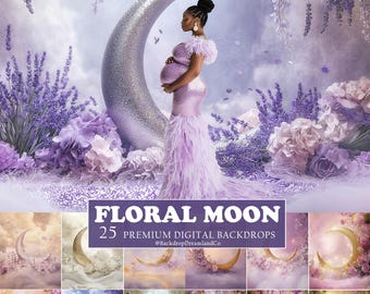May include: A woman in a lavender gown stands before a large, silver crescent moon. The scene is surrounded by purple flowers and a soft, dreamy background. The image is labeled "Floral Moon" with 25 digital backdrops.