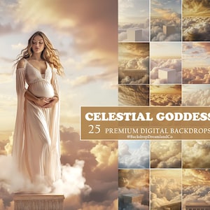 Puede incluir: Una mujer con un vestido fluido de color claro está de pie sobre una nube, sosteniendo su vientre embarazado. La imagen está ambientada sobre un fondo de nubes y un cielo cálido y dorado. El texto dice "Celestial Goddess" y "25 Premium Digital Backdrops".