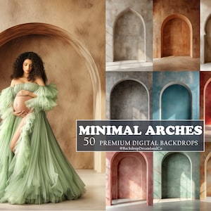 May include: A pregnant person wearing a flowing, light green gown, posing in front of a textured, beige archway. The image also showcases six digital backdrops with minimalist arch designs in various colors, with the text "MINIMAL ARCHES 50 PREMIUM DIGITAL BACKDROPS".