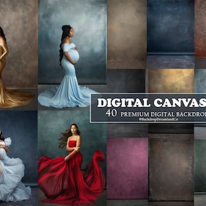 May include: A collection of 40 digital canvases, or backdrops, for photography. The backdrops are various colors and textures, including brown, blue, green, and purple. The text "DIGITAL CANVASES 40 PREMIUM DIGITAL BACKDROPS @BackdropDreamlandCo" is displayed on the image.