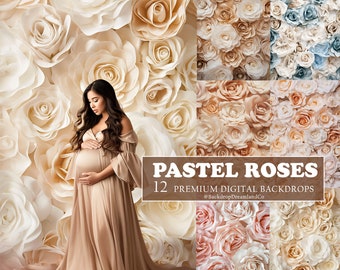 May include: A pregnant woman in a beige dress stands in front of a wall of pastel-colored paper roses. The text "PASTEL ROSES 12 PREMIUM DIGITAL BACKDROPS @BackdropDreamlandCo" is at the bottom of the image.