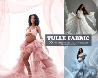 May include: Three women wearing tulle dresses in different colors. The dresses are layered and flowy. The women are standing in front of a white, gray, and blue background. The text "TULLE FABRIC 65 PREMIUM DIGITAL OVERLAYS @BackdropDreamlandCo" is displayed at the bottom of the image.
