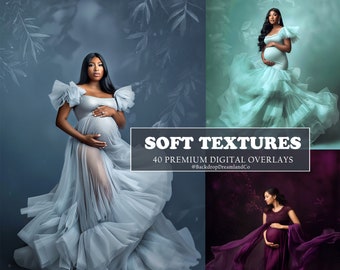 May include: A set of 40 digital overlays featuring soft textures in various colors, including blue, green, and purple. The overlays are designed to add a dreamy and ethereal feel to photos. The text "SOFT TEXTURES" and "40 PREMIUM DIGITAL OVERLAYS" is displayed on the image.  @BackdropDreamlandCo