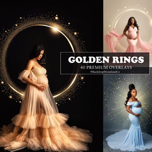 Può includere: Immagine con tre donne incinte in abiti eleganti, ciascuna incorniciata da un anello di luce dorata. Il testo "GOLDEN RINGS" e "40 PREMIUM OVERLAYS" con un handle di social media sono inclusi. Gli abiti sono in tonalità pesca e blu.