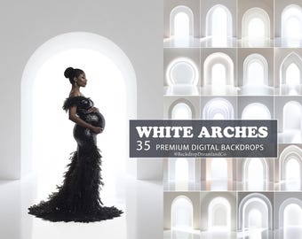 May include: A pregnant person in a black sequined gown stands in a white archway. The image includes a collection of 35 premium digital backdrops featuring white arches. Text on the image reads "WHITE ARCHES".