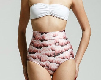 SALE High Waisted Pink Tulips Print Pinup Style Bikini Bottoms - Free Shipping