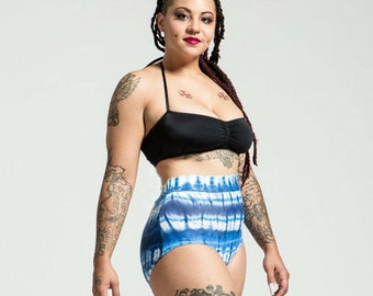 Extended Sizing Blue Porcelain Tie Dye High Waist Bikini Bottom Pinup Style