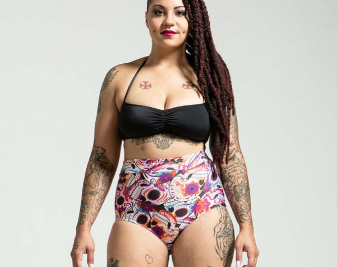 Featured listing image: SALE Extended Sizing Pink Sugar Skull High Waist Bikini Bottom Pinup Style