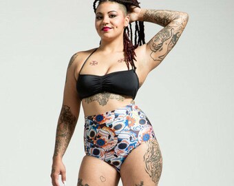 SALE Extended Sizing Blue Sugar Skull High Waist Bikini Bottom Pinup Style