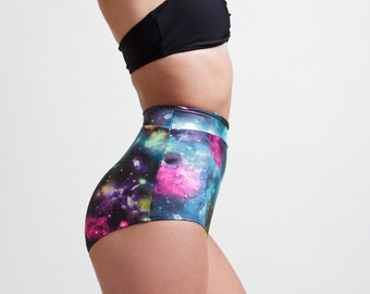 Galaxy Print Cosmic High Waisted Bikini Bottoms, limited quantities