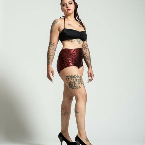 Extended Sizing Volcanic Red High Waist Mermaid Bikini Bottom Pinup Style