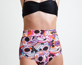 SALE High Waisted Sugar Skull Day of the Dead Voodoo Print Pinup Style Bikini Bottoms